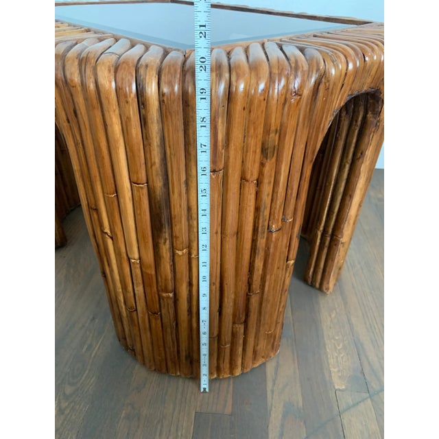 Late 20th Century Split Reed Bamboo Rattan Smoked Glass Waterfall Side Tables - a Pair For Sale - Image 12 of 13