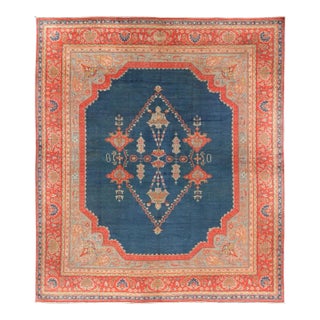 Large Antique Turkish Oushak Rug in Blue and Red With Ornate Medallion Design For Sale