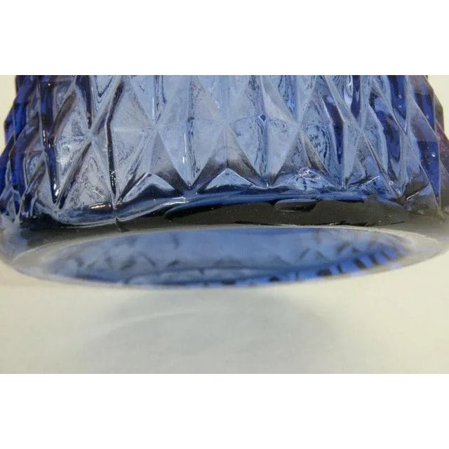 Diamond Point Pattern Blue Glass Pitcher Decanter Formed Spout Vase For Sale - Image 10 of 11
