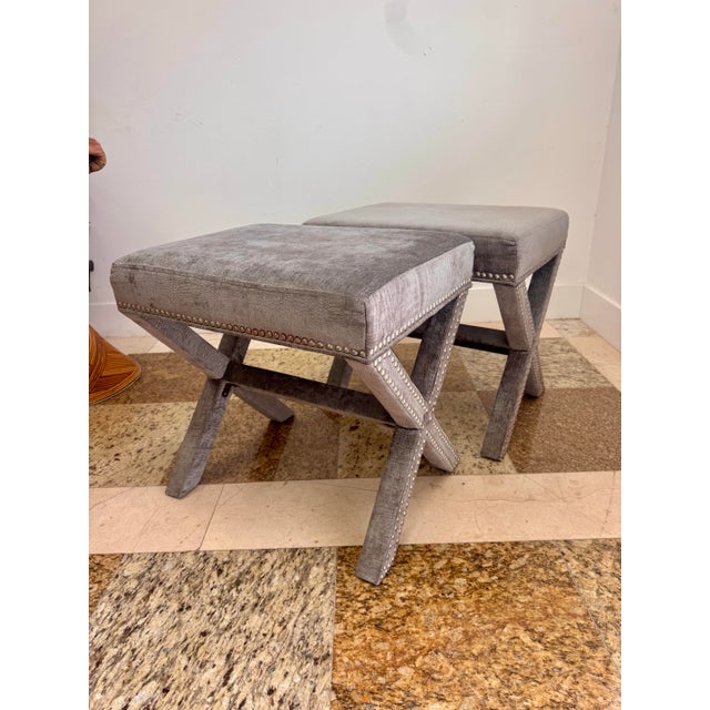 Billy Baldwin Pair of Early 2000s Faux Crocodile X-Base Benches With Nailhead Trim For Sale - Image 4 of 10