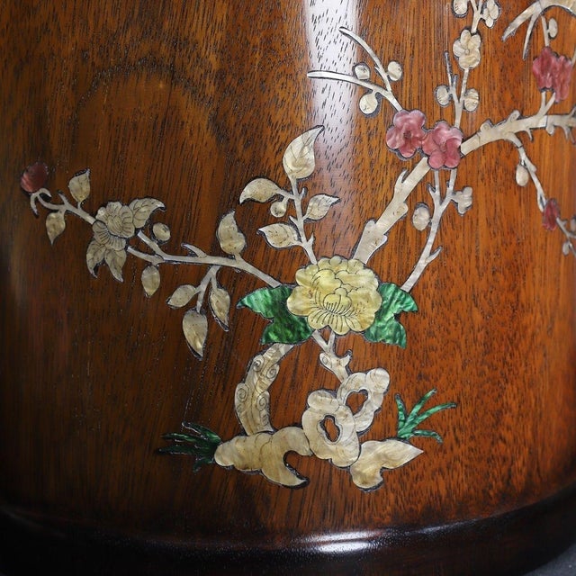 Brown Late 20th Century Large Hardwood Brush Pot With Mother-of-Pearl Inlay and Calligraphy For Sale - Image 8 of 9