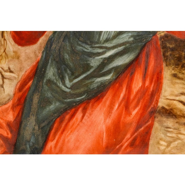 Art Nouveau Maiden Antique German Porcelain Tile Painting Carved Wood Frame For Sale - Image 9 of 15