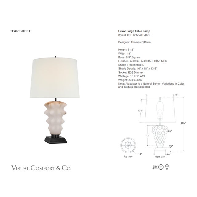 Thomas O'Brien by Visual Comfort Signature Luxor Large Table Lamp in Alabaster and Bronze with Linen Shade Designer:...