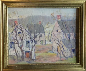 1930s East Hampton, New York Winter Scene Oil Painting on Board by James Moore Preston
