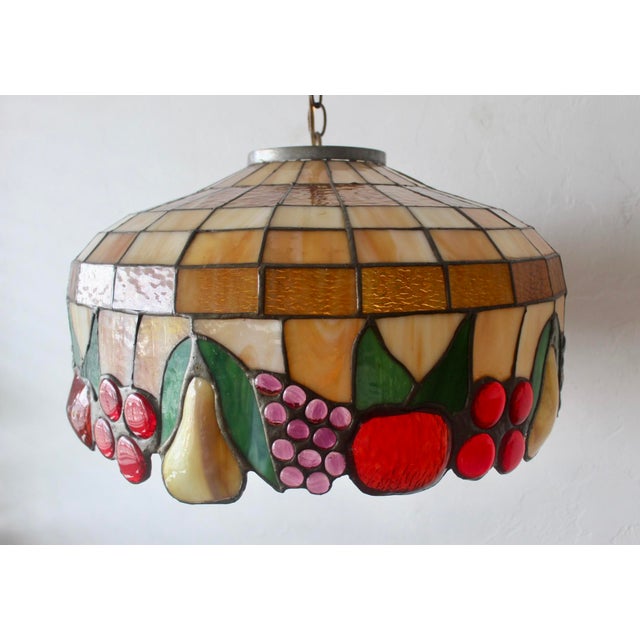 1970s Tiffany-Style Stained Glass Fruit Leaf Motif Pendant Hanging Light Fixture For Sale - Image 13 of 18