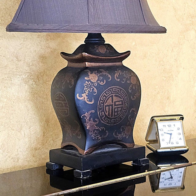 Asian Inspired Black & Brown Porcelain Medallion Table Lamp With Shade For Sale - Image 13 of 18