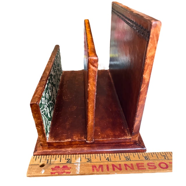Rustic European Vintage Italian Wood Wrapped Leather Letter & Document Holder With Embossed Gold Detailing For Sale - Image 3 of 9