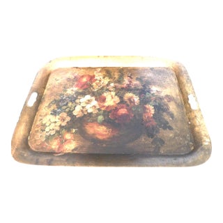 Antique Hand-Painted French Floral Large Tole Tray For Sale