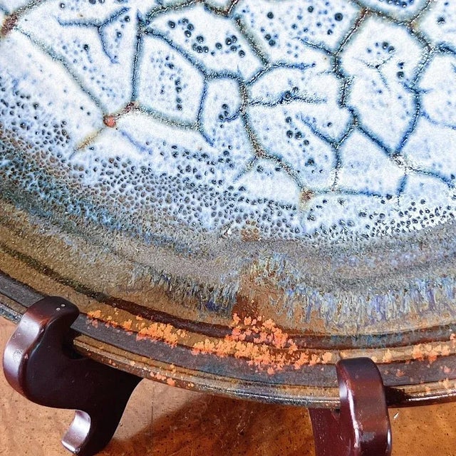 Blue Vintage Hand Thrown Large Ceramic Serving Plate Charger in Blue Crackle Glaze, Signed For Sale - Image 8 of 9