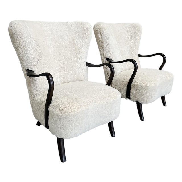 1940s Alfred Christensen Armchairs in White Shearling - A Pair For Sale