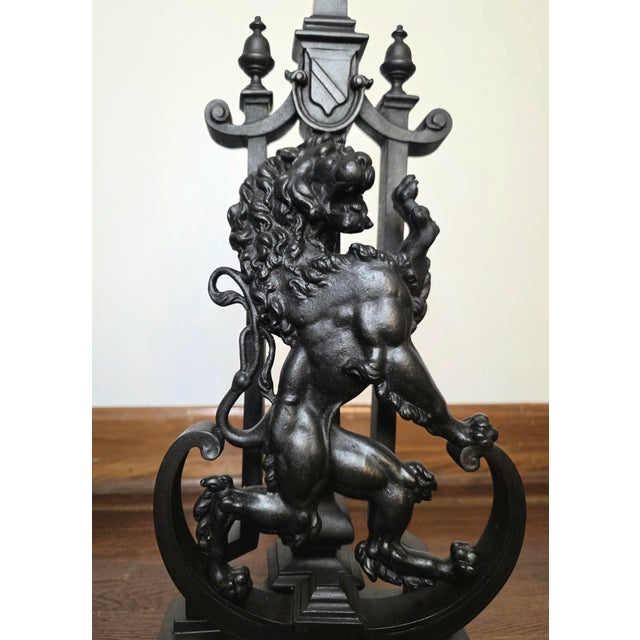 Gothic 19th Century Renaissance Revival Cast Iron Rampant Lion Andirons - 28" Tall For Sale - Image 3 of 9
