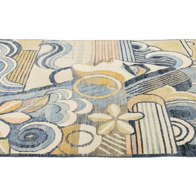 2020s Art Deco Inspired Modern Portrait Rug – 5x9 Hand-Knotted Wool in Blue and Gold For Sale - Image 5 of 9