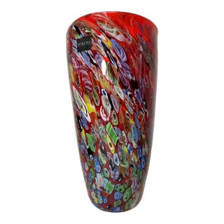 Tall Vintage Murano Italian Hand Blown Red Millefiori Art Glass Vase Sculpture For Sale
