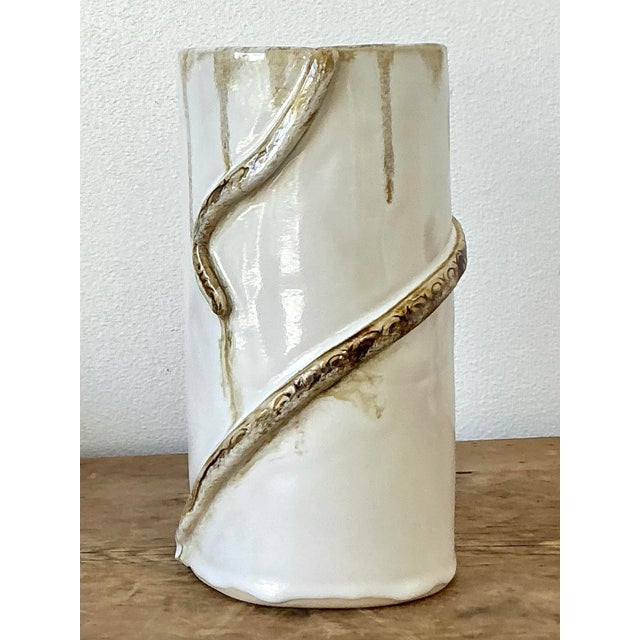 Metal Vintage Boho Original Studio Pottery Snake Vase For Sale - Image 7 of 11