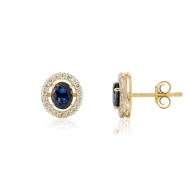 1.06 Carats Oval Royal Blue Sapphire Diamond Halo Stud Earrings- A Pair For Sale - Image 4 of 10