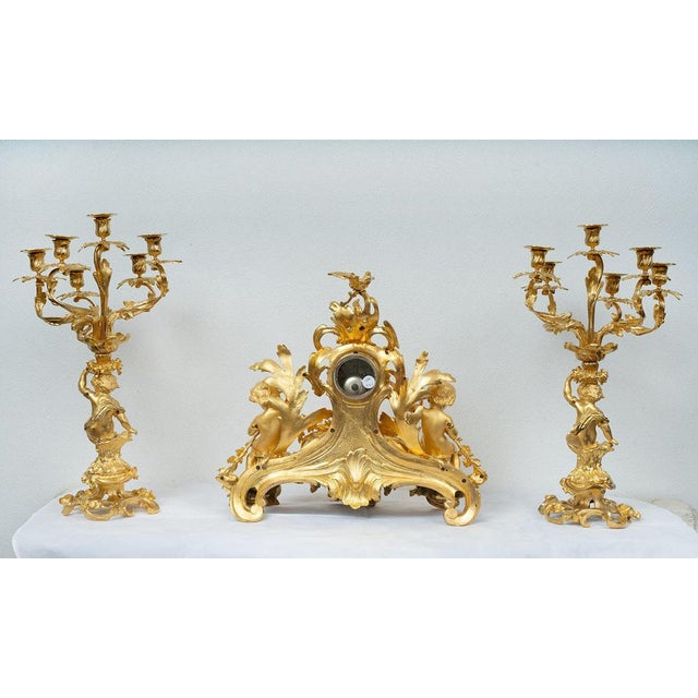 Metal Antique French Napoleon III Clock & Candlesticks in Gilded Bronze, 19th Century, Set of 3 For Sale - Image 7 of 8