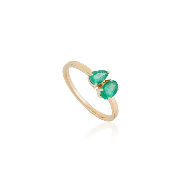 Oval & Pear Natural Emerald Toi Et Moi Ring in 14k Solid Yellow Gold Size 5 For Sale - Image 4 of 14