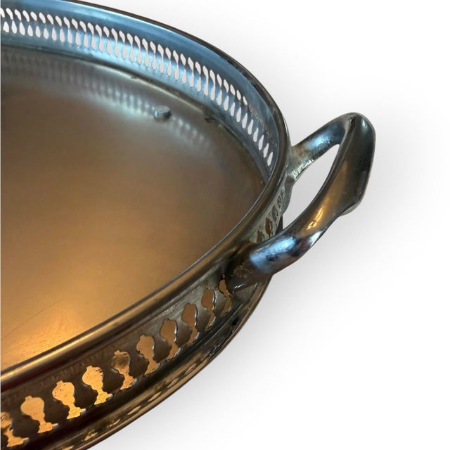 Vintage Silver-Tone Oval Pierced Gallery Tray With Handles and Feet For Sale - Image 9 of 11