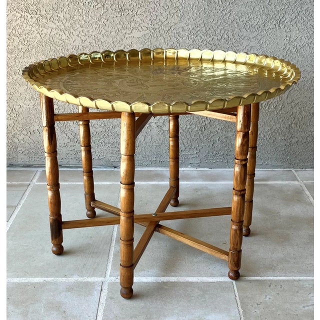 Mid 20th-Century Persian Qajar-Inspired Design Brass Chased & Repoussé Charger Tray Top Accent or Coffee Table For Sale - Image 10 of 17