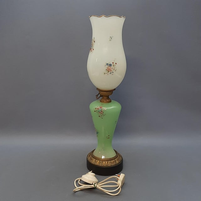 White and Green Murano Glass Table Lamp with Brass Flowers, 1950s For Sale - Image 4 of 16