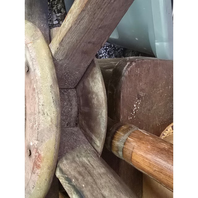 Large Industrial Wooden Pulley Wheel With Vintage Stenciled Lettering — 30” For Sale - Image 10 of 10