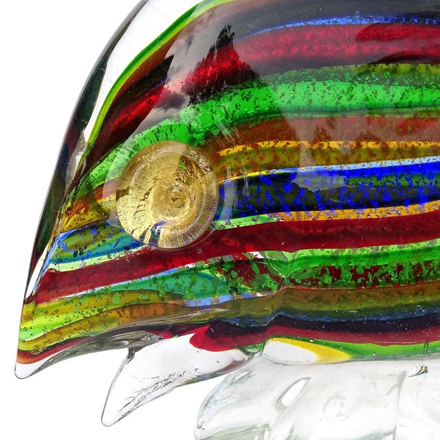Beautiful vintage Murano hand blown rainbow stripes, silver and gold flecks Italian art glass fish figurine. Attributed to...
