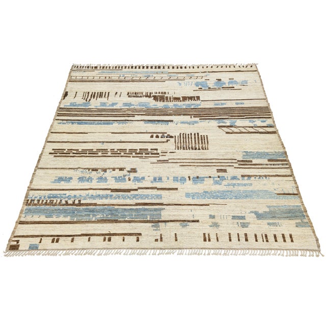 Textile Contemporary Moroccan Style Wool Rug Abstract Cream Field With Blue Accents For Sale - Image 7 of 11