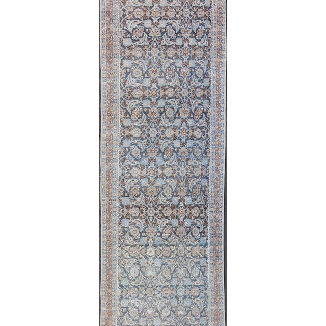 Tribal Antique Persian Tabriz Runner With Allover Floral Design in Soft Blue and Taupe For Sale - Image 3 of 12