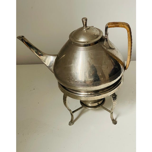 Antique Austrian Gerhardt & Co tea kettle with stand in an elegant Art Nouveau style with wicker woven handle.