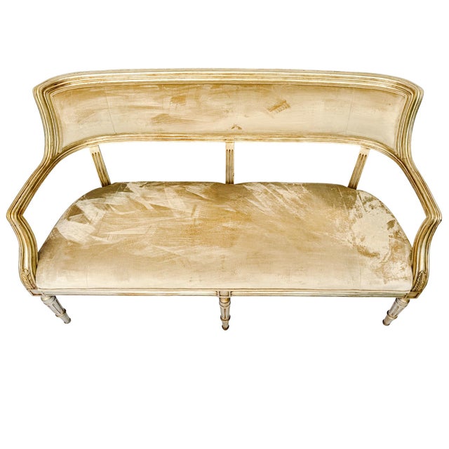 Late 20th Century French Neoclassical Louis XVI Style Giltwood & Painted Settee With Champagne Velvet Upholstery For Sale In San Diego - Image 6 of 10