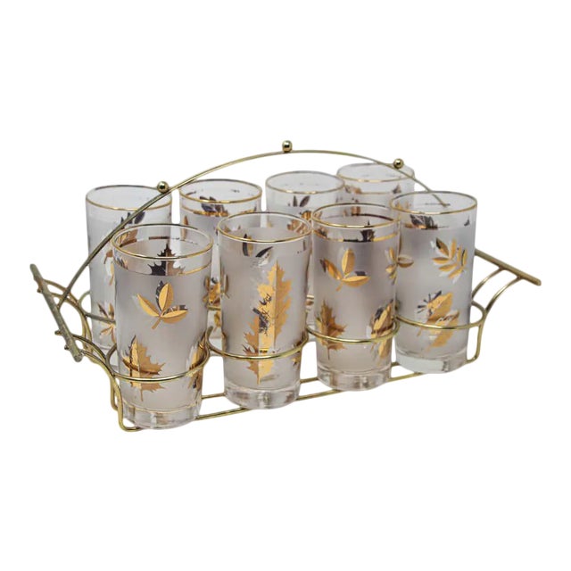 Vintage Eight Highball Gold Glasses in a Brass Cart by Fred Press - 9 Pieces For Sale
