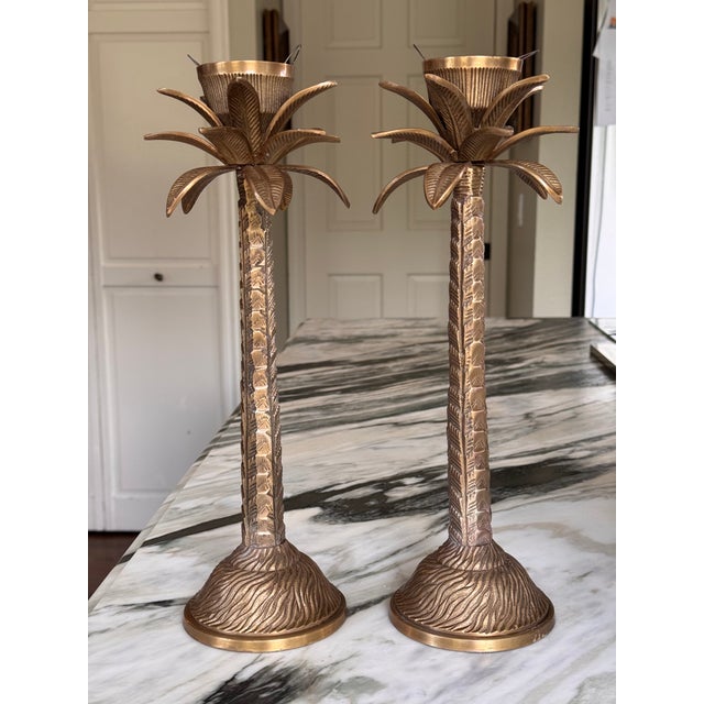 Hollywood Regency Brass Palm Tree Motif Hurricane Candle Holders - A Pair For Sale In Seattle - Image 6 of 12