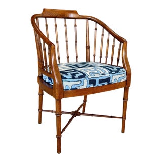 Vintage Chinoiserie Drexel Heritage Faux Bamboo Walnut Spindle Arm Chair Newly Upholstered For Sale