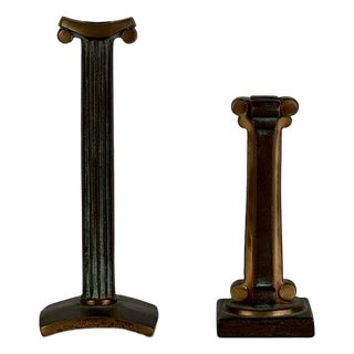 Antique Pair of Solid Bronze Art Nouveau French Candlesticks in Column Design and Brass Finish For Sale