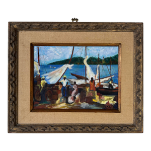 1970’s Vintage Impressionist Caribbean-Africa Harbor Scene Oil on Canvas Painting by S. Pastor