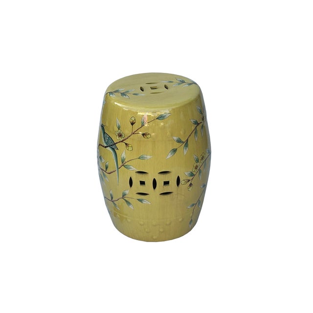Asian Distressed Yellow Porcelain Flower Birds Round Barrel Stool Table For Sale - Image 3 of 8