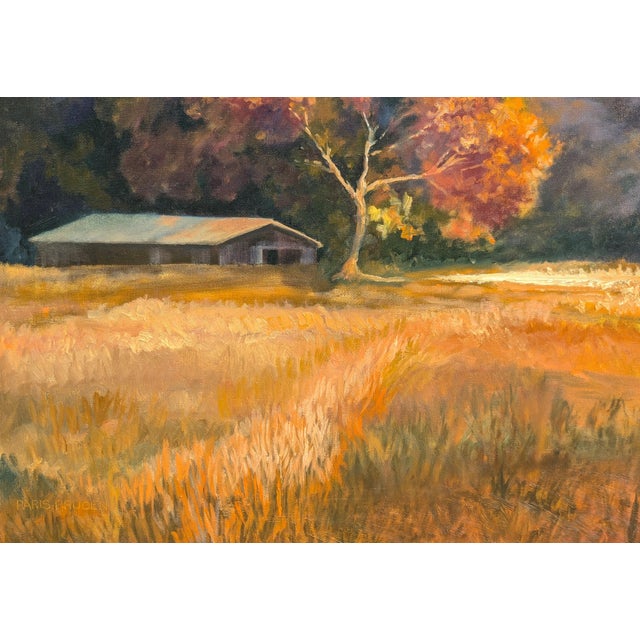 Brown Nancy Paris Pruden "Sunset at The Horse Barn" Contemporary Naturalistic Pastoral Landscape Painting, 2020s For Sale - Image 8 of 11