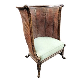 Vintage Maitland-Smith British Colonial Style Double Caned Faux Tortoiseshell Bamboo Wingback Chair For Sale