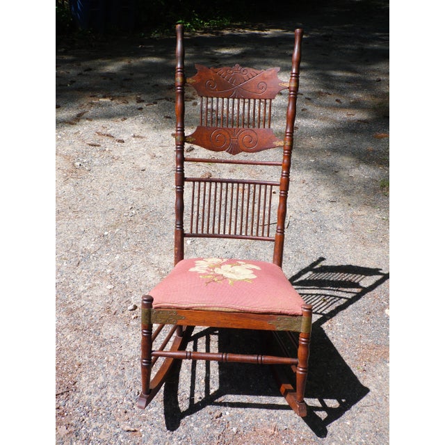 Antique Spoon Carved Solid Oak Spindle Back Rocker Needlepoint Rocking Chair For Sale - Image 9 of 12