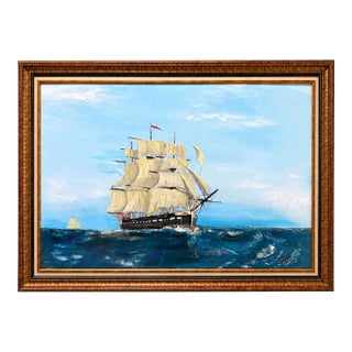 2018 Signed "Brennan" Folk Art Maritime Sailing Ship Painting in Ornate Frame For Sale