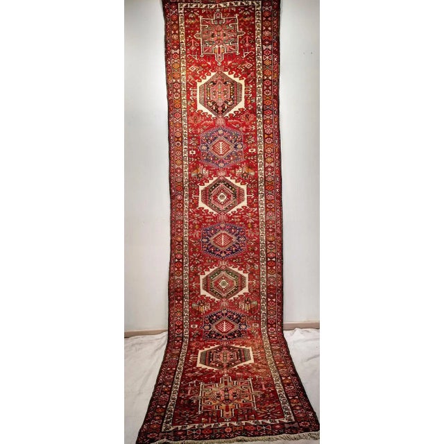 Mid 20th Century Antique Persian Heriz Karajeh Runner, Geometric Medallion Pattern, Red & Navy, 4’ X 14’ For Sale - Image 5 of 7