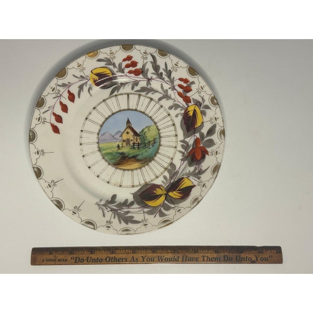 Antique Milk Glass Plate: Hand Painted Church Scene, Gold Gilt Border For Sale - Image 9 of 9