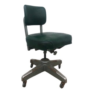 Mid Century Industrial Style Wheeled Office Chair With Vintage Upholstery For Sale