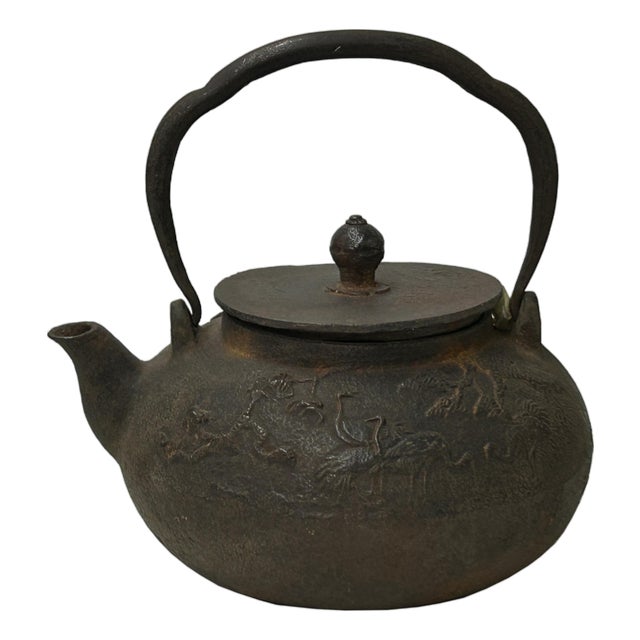 Vintage Rustic Mixed Iron Relief Cranes Motif Teapot Shape Display Art For Sale