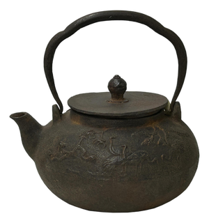 Vintage Rustic Mixed Iron Relief Cranes Motif Teapot Shape Display Art