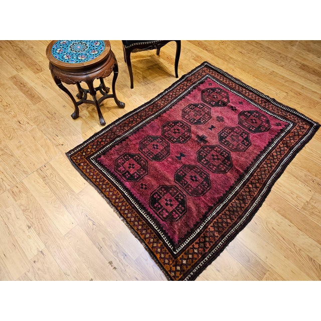 Vintage Afghan Bokhara Area Rug, Hand-Knotted Wool, Allover Geometric Pattern, Plum & Burgundy, 4x5 For Sale - Image 4 of 17