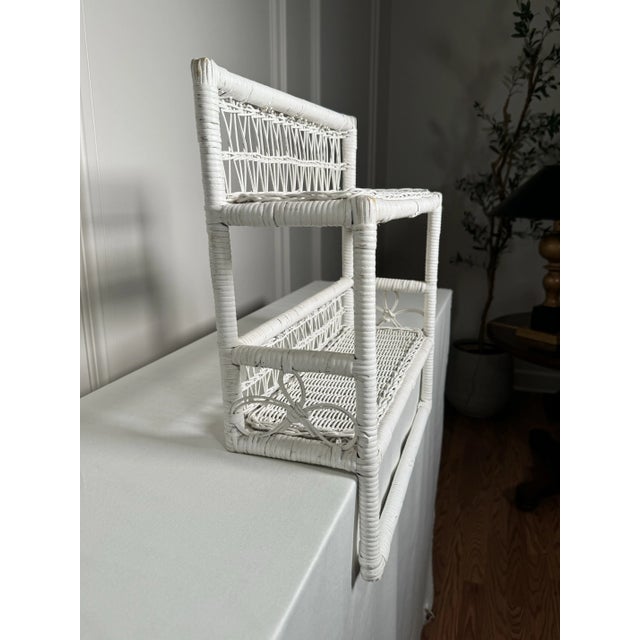 White Vintage Coastal White Wicker Double Wall Shelf Towel Bar For Sale - Image 8 of 12