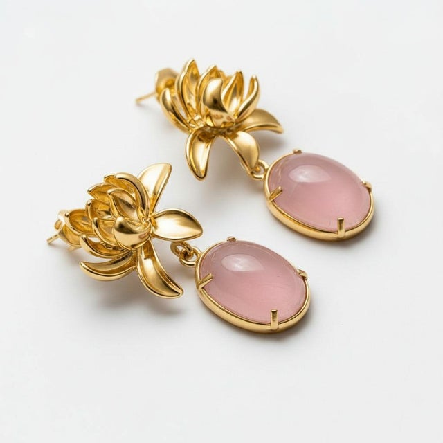 Not Yet Made - Made To Order Lotus Rose Quartz Drop Earrings, Pair For Sale - Image 5 of 9
