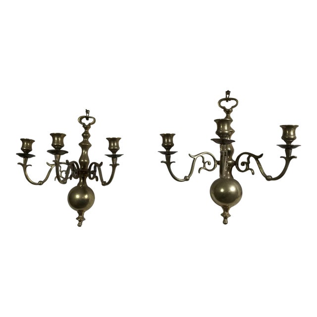Vintage Three-Light Brass Candle Wall Sconces—A Pair For Sale