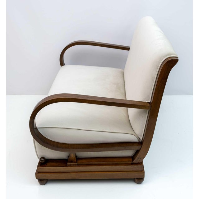 Art Deco Italian Walnut and Velvet Sofa, Armchair, and Ottoman, 1920s, Set of 3 For Sale - Image 4 of 13